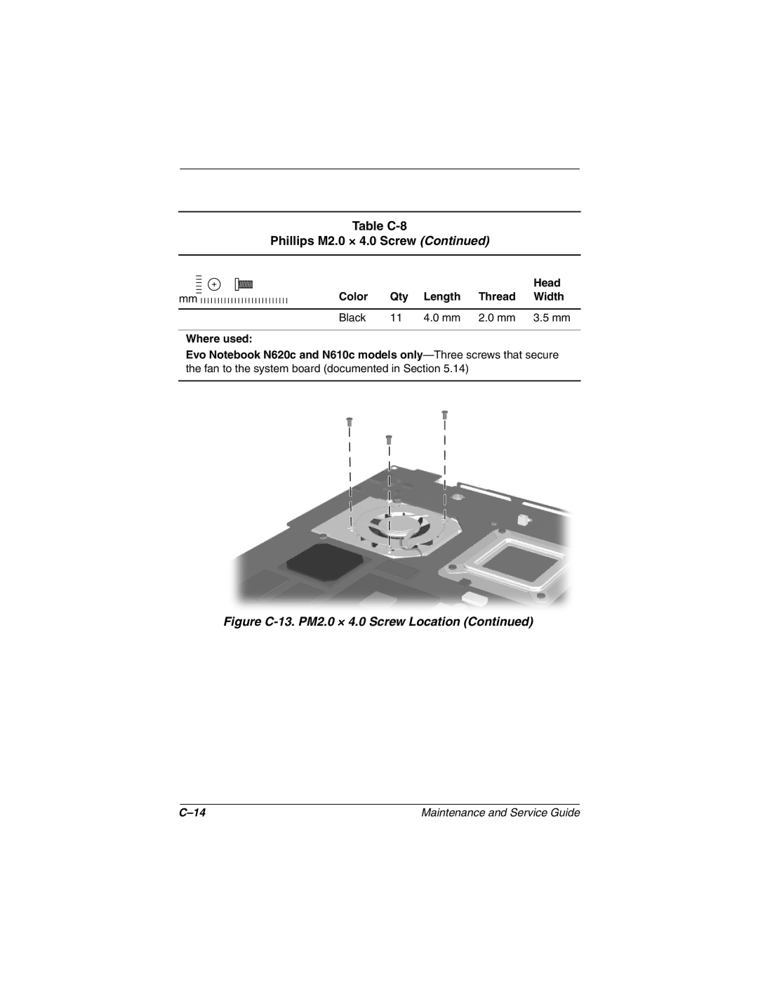 Compaq 279362-002 manual Table C-8 Phillips M2.0 × 4.0 Screw, Figure C-13. PM2.0 × 4.0 Screw Location 