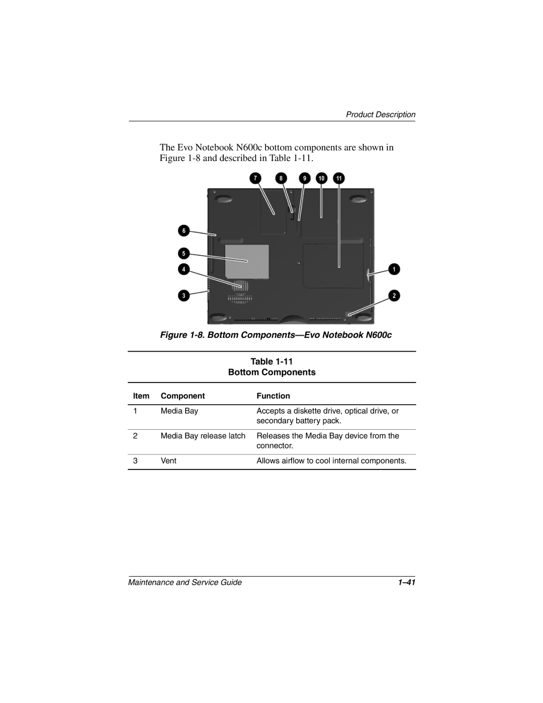 Compaq 279362-002 manual Bottom Components-Evo Notebook N600c 