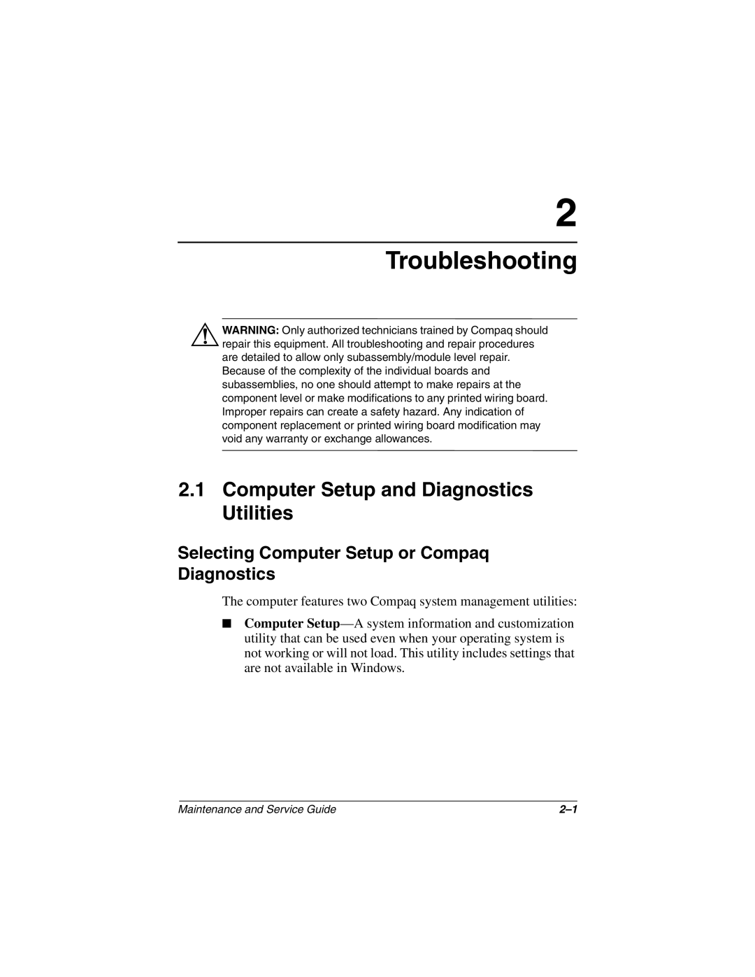 Compaq 279362-002 manual Troubleshooting, Computer Setup and Diagnostics Utilities 