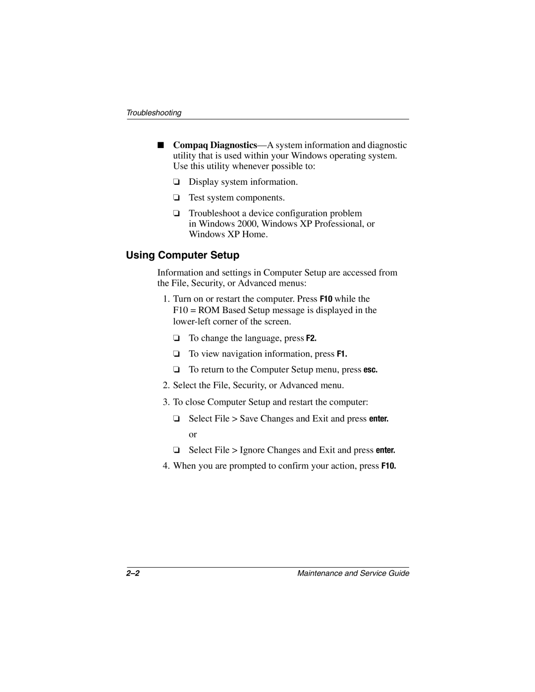 Compaq 279362-002 manual Using Computer Setup, Select File Save Changes and Exit and press enter. or 