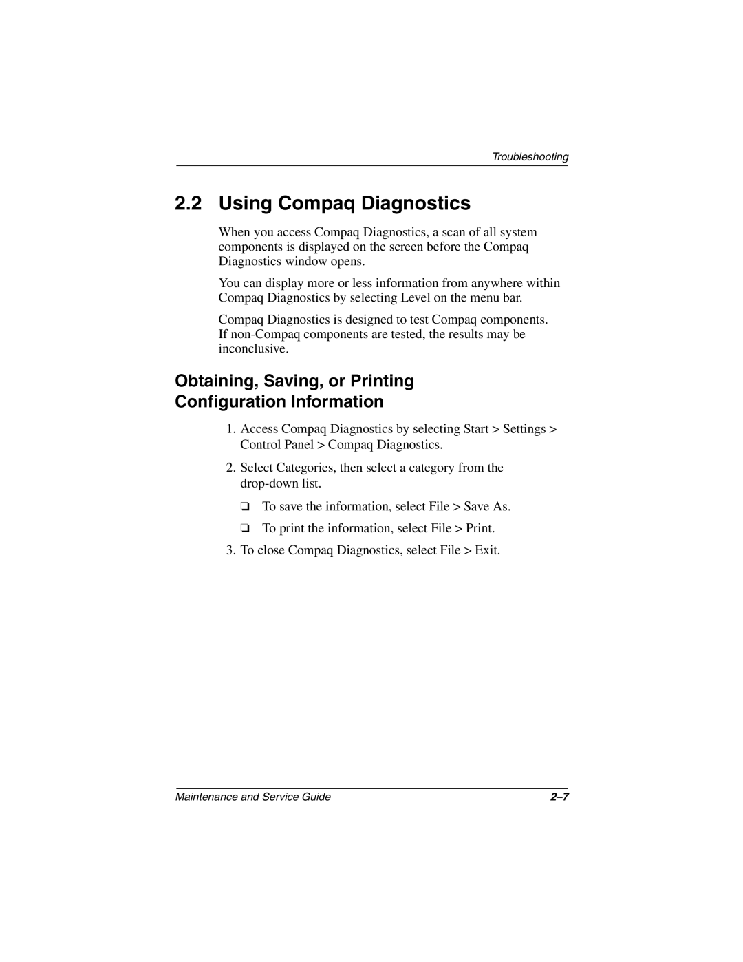 Compaq 279362-002 manual Using Compaq Diagnostics, Obtaining, Saving, or Printing Configuration Information 