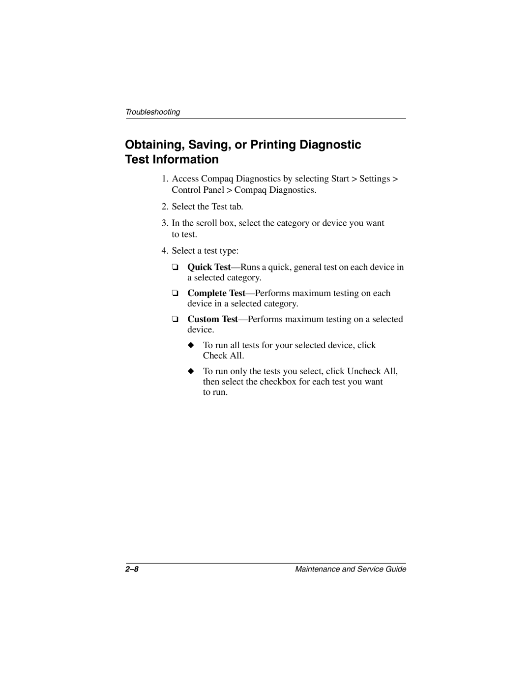 Compaq 279362-002 manual Obtaining, Saving, or Printing Diagnostic Test Information 