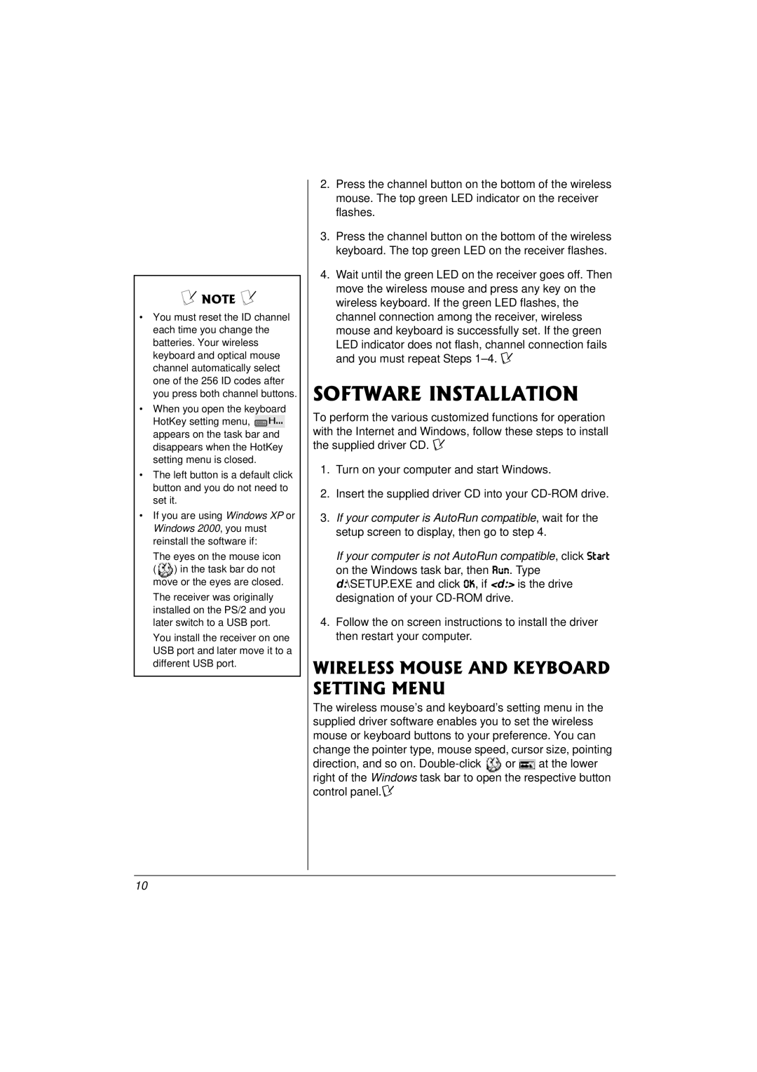 Compaq 27MHz owner manual Software Installation, Wireless Mouse and Keyboard Setting Menu 