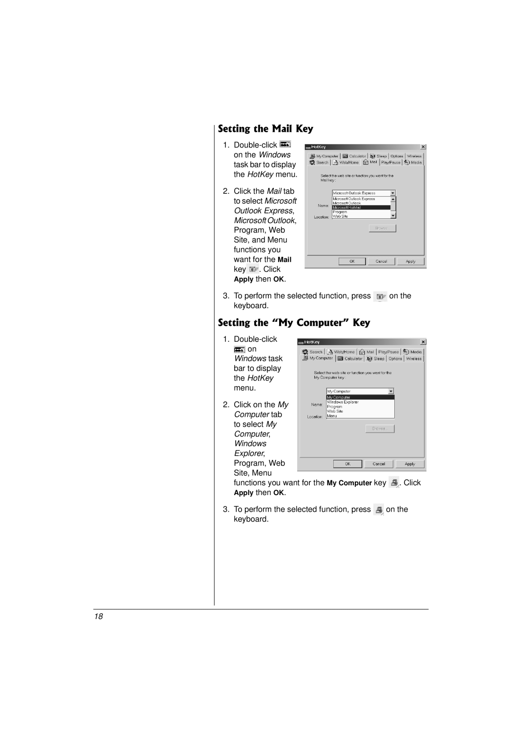 Compaq 27MHz owner manual Setting the Mail Key, Setting the My Computer Key 