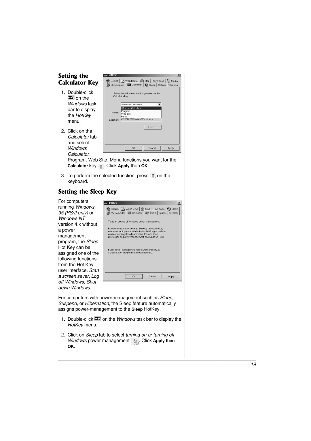 Compaq 27MHz owner manual Setting Calculator Key, Setting the Sleep Key 