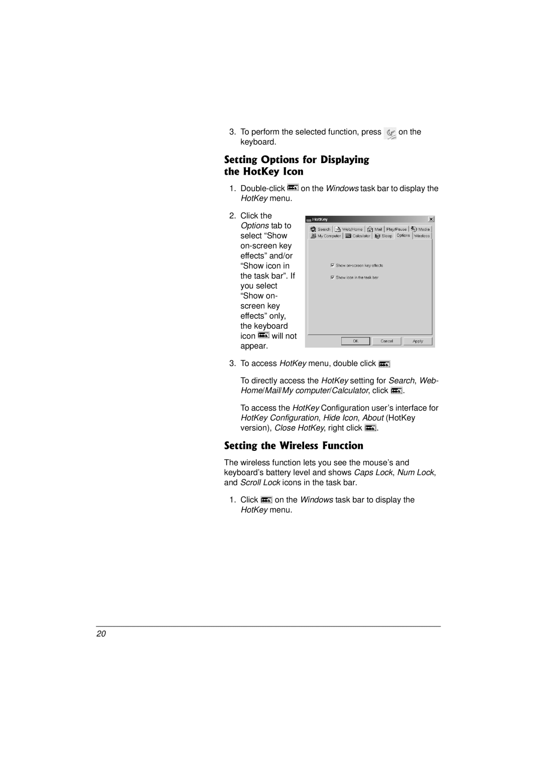 Compaq 27MHz owner manual Setting Options for Displaying the HotKey Icon, Setting the Wireless Function 