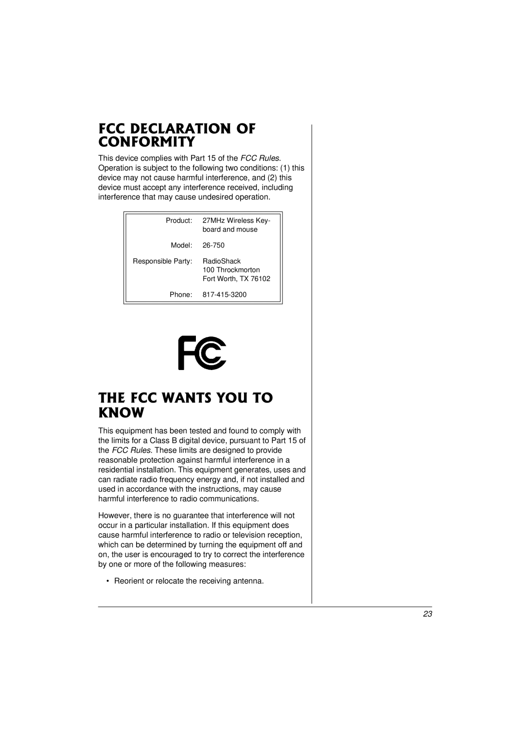 Compaq 27MHz owner manual FCC Declaration of Conformity, FCC Wants YOU to Know 