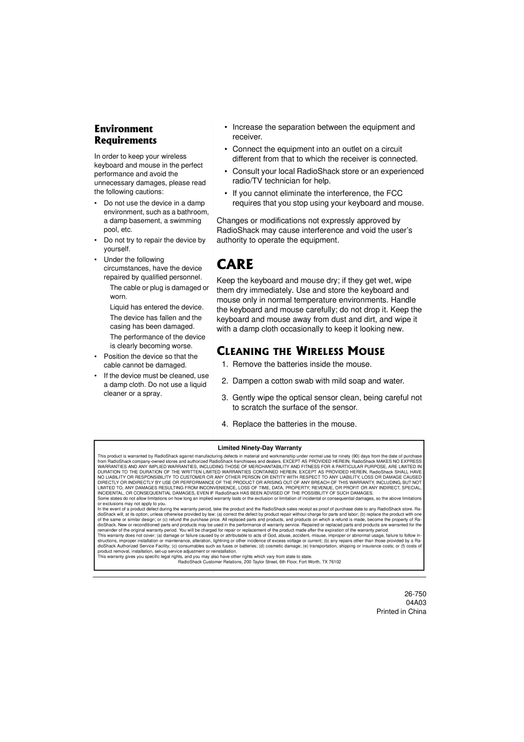 Compaq 27MHz owner manual Care, Environment Requirements, Cleaning the Wireless Mouse 