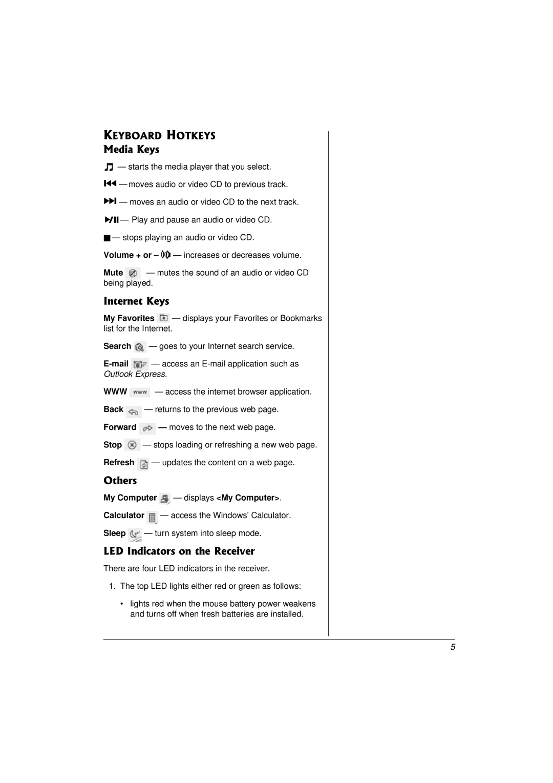 Compaq 27MHz owner manual Media Keys, Internet Keys, Others, LED Indicators on the Receiver, Keyboard Hotkeys 