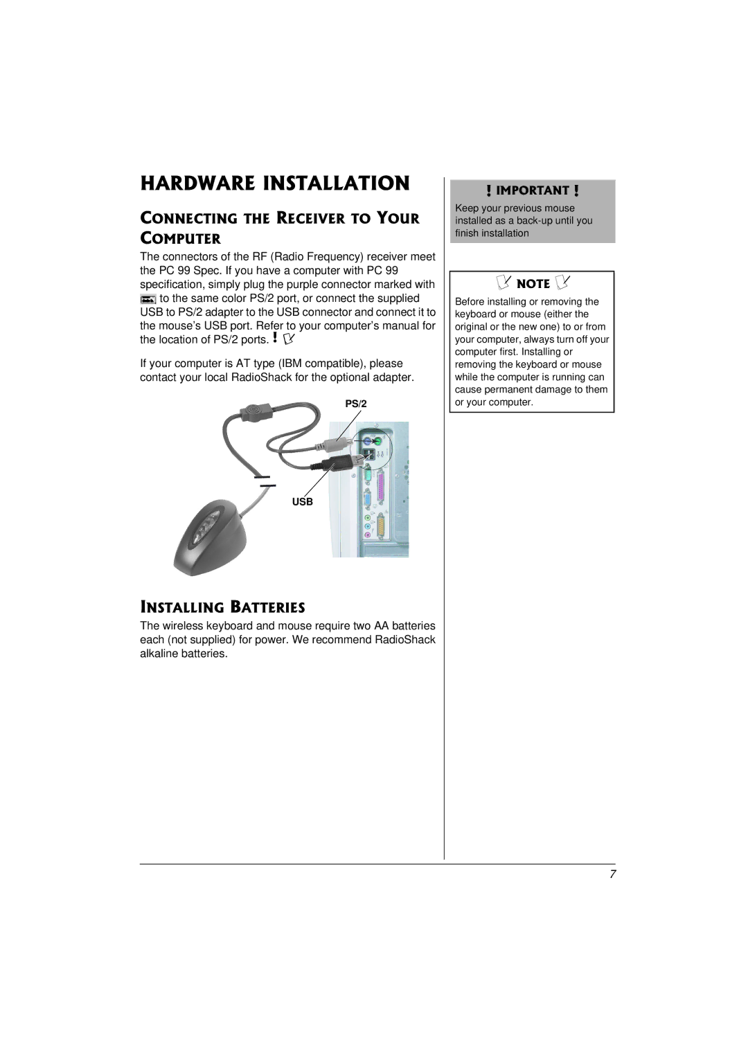 Compaq 27MHz owner manual Hardware Installation, Connecting the Receiver to Your Computer, Installing Batteries 