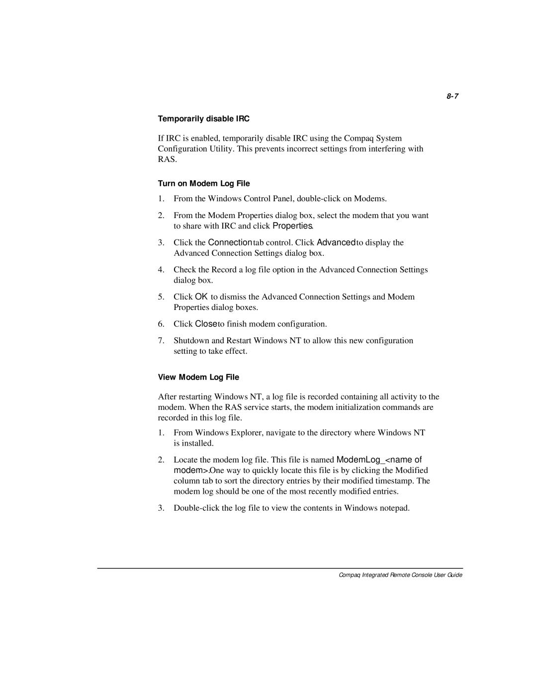 Compaq 281862-002 manual Temporarily disable IRC, Turn on Modem Log File, View Modem Log File 