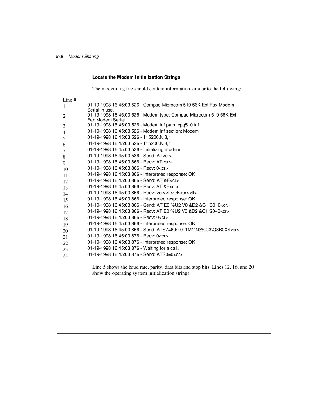 Compaq 281862-002 manual Locate the Modem Initialization Strings, 8Modem Sharing 