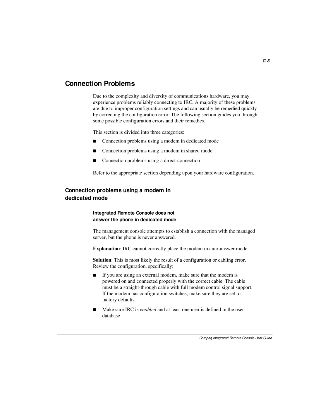 Compaq 281862-002 manual Connection Problems, Connection problems using a modem in dedicated mode 