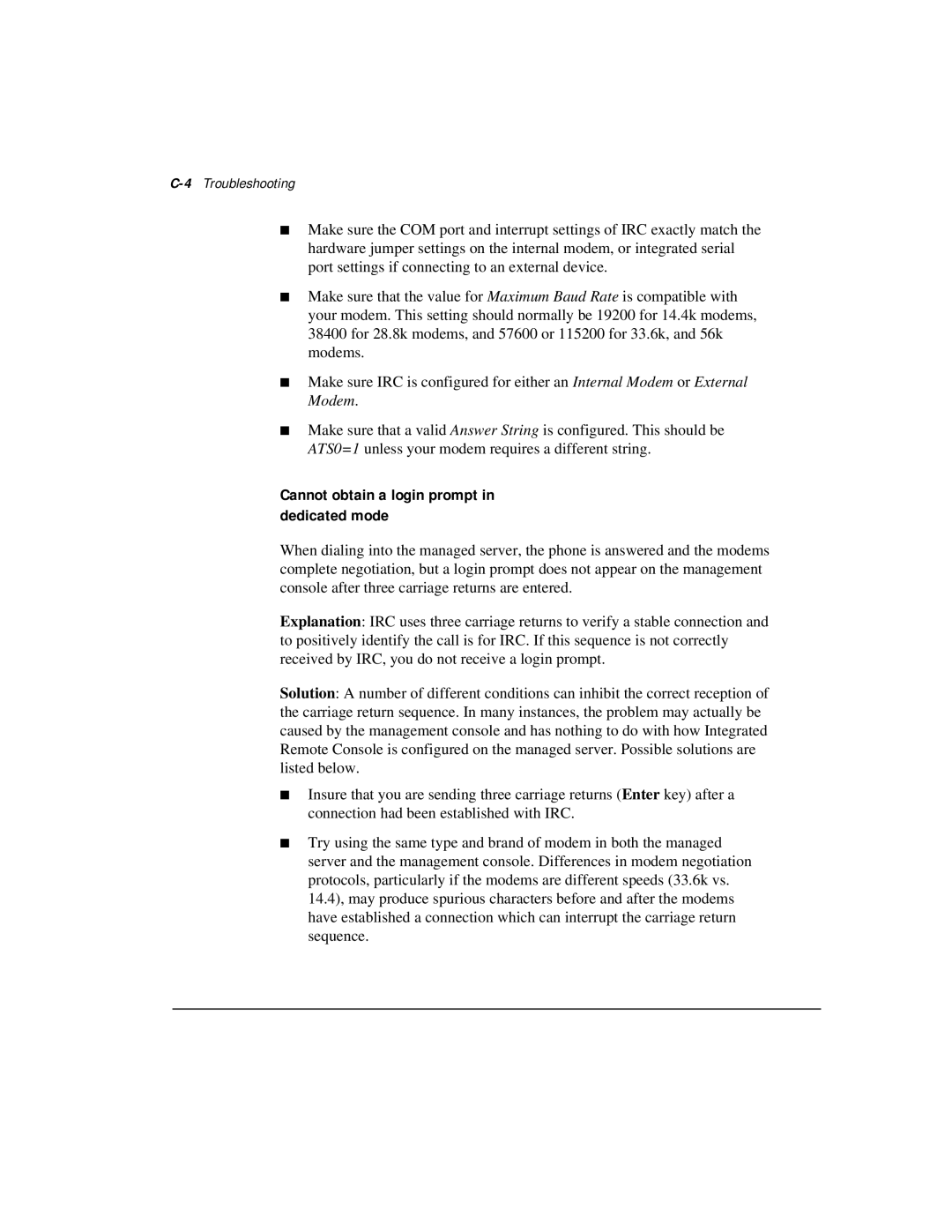 Compaq 281862-002 manual Cannot obtain a login prompt in dedicated mode, 4Troubleshooting 