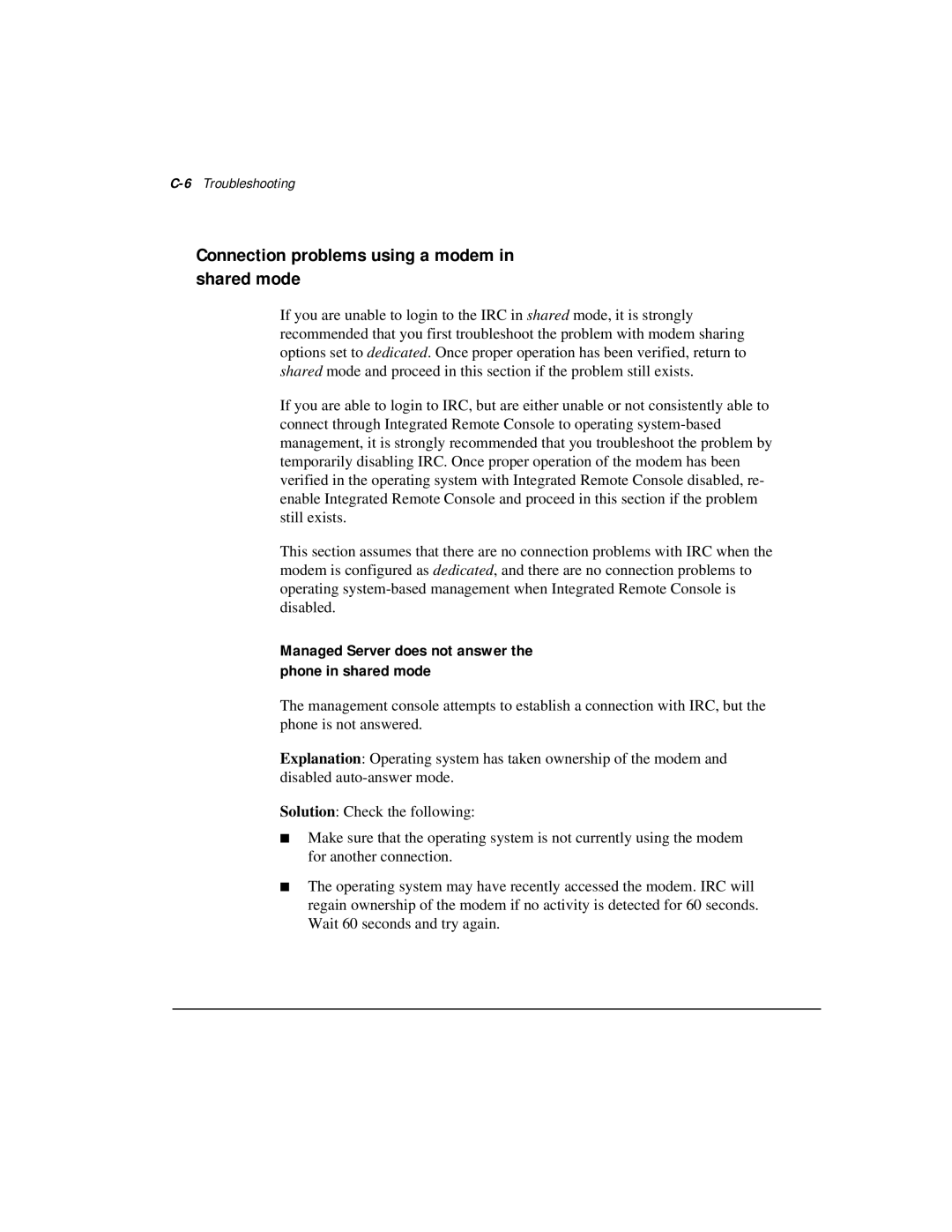 Compaq 281862-002 manual Connection problems using a modem in shared mode, 6Troubleshooting 