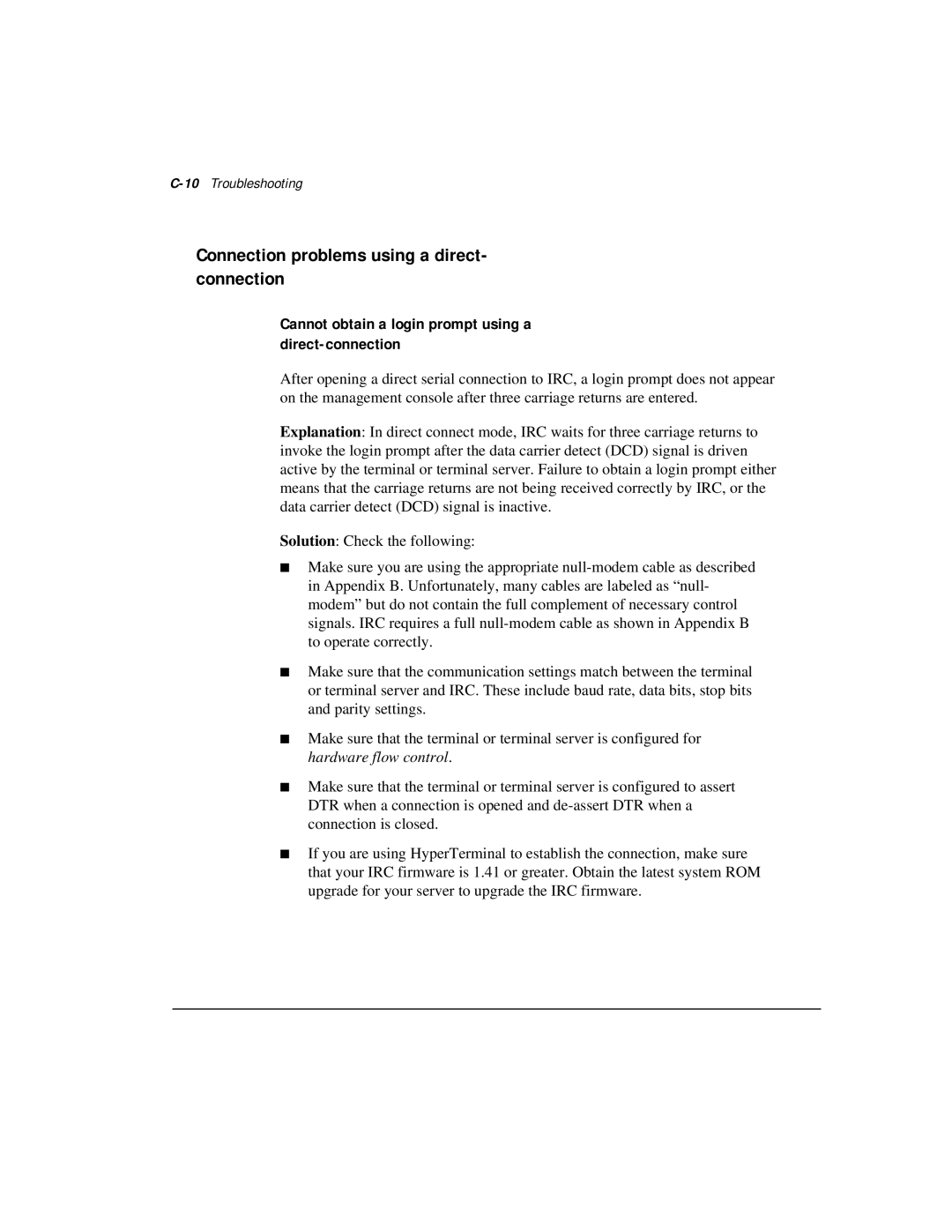 Compaq 281862-002 Connection problems using a direct- connection, Cannot obtain a login prompt using a direct-connection 