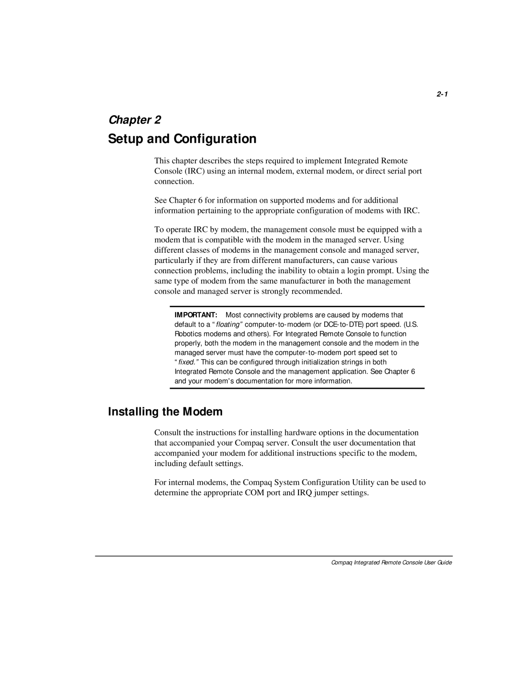 Compaq 281862-002 manual Setup and Configuration, Installing the Modem 