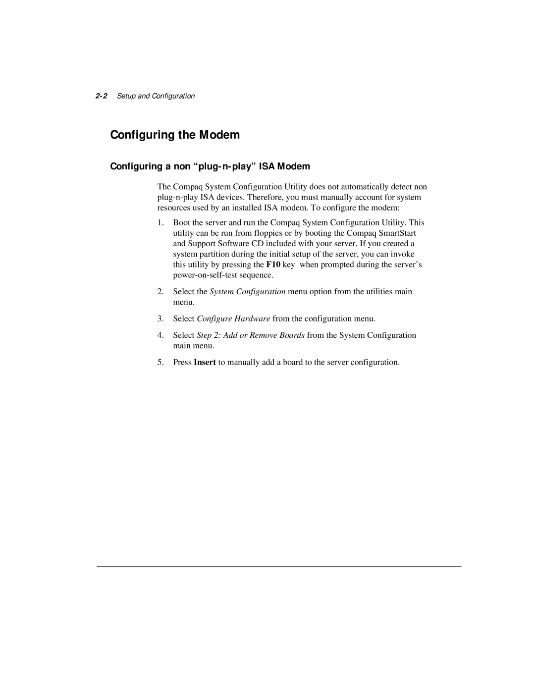 Compaq 281862-002 manual Configuring the Modem, Configuring a non plug-n-play ISA Modem, 2Setup and Configuration 