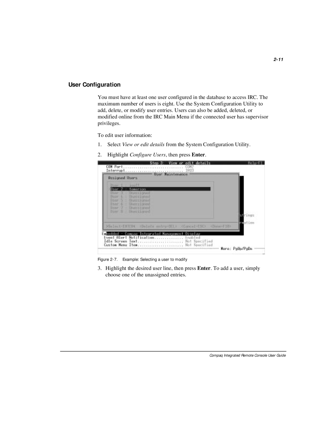 Compaq 281862-002 manual User Configuration, Example Selecting a user to modify 