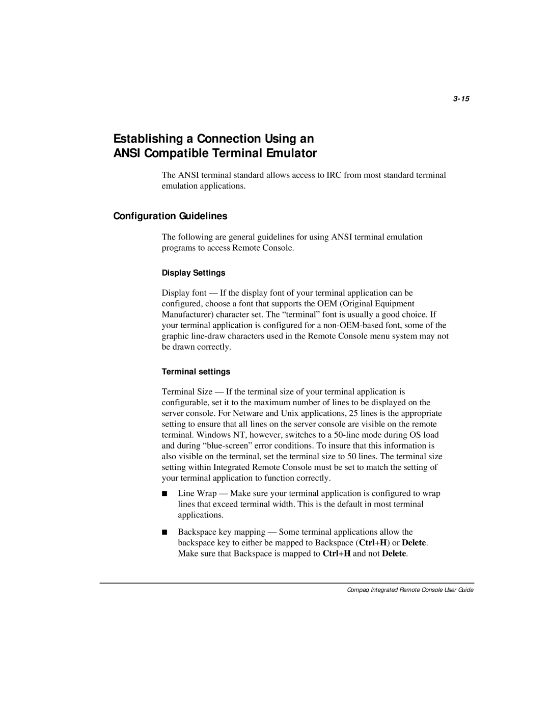 Compaq 281862-002 manual Configuration Guidelines, Display Settings, Terminal settings 