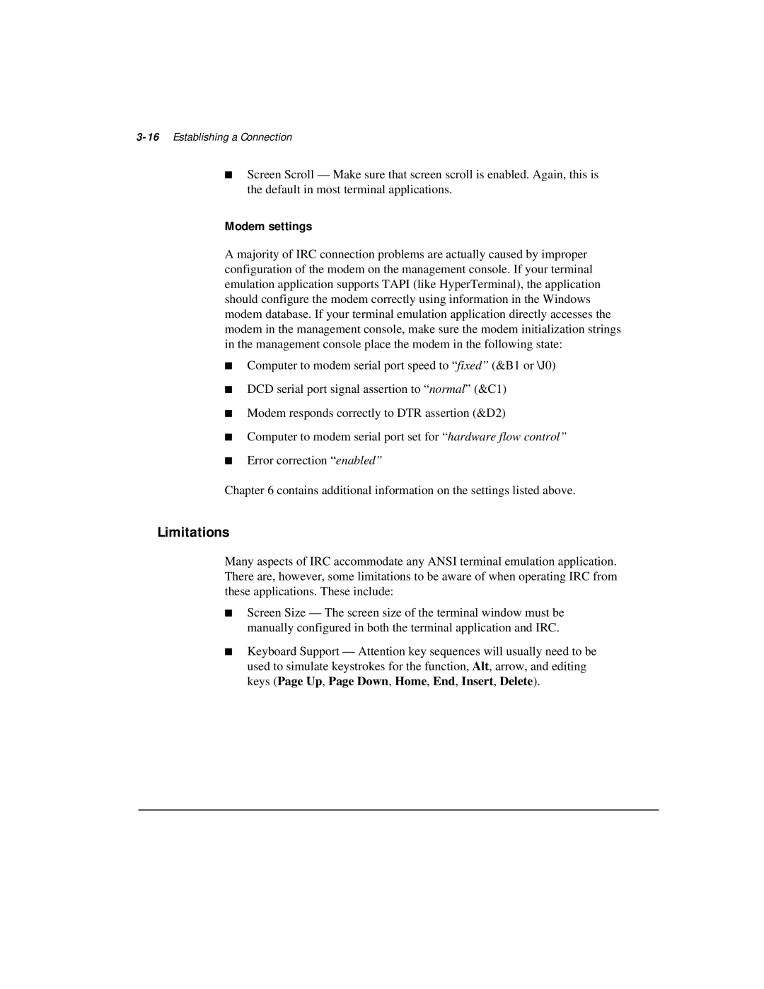 Compaq 281862-002 manual Limitations, Modem settings, 16Establishing a Connection 