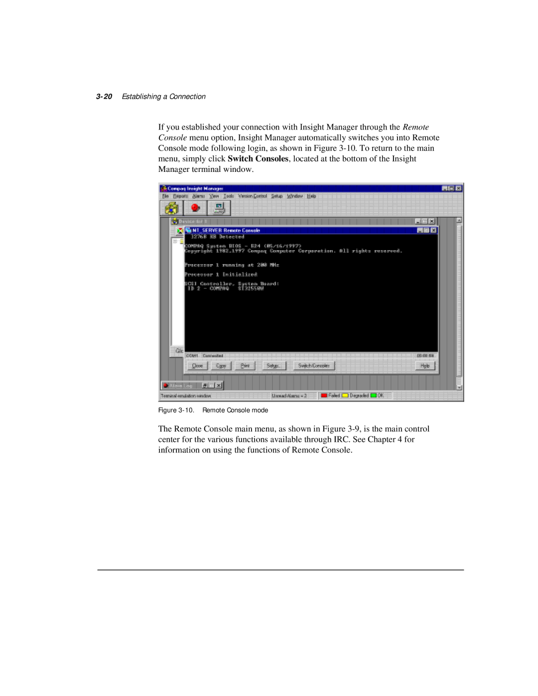 Compaq 281862-002 manual 20Establishing a Connection, Remote Console mode 