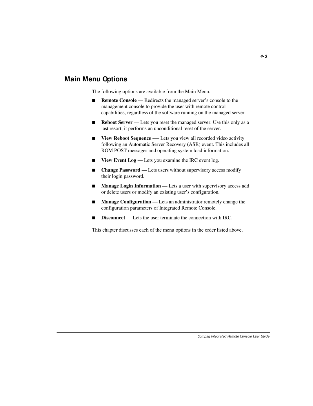 Compaq 281862-002 manual Main Menu Options 