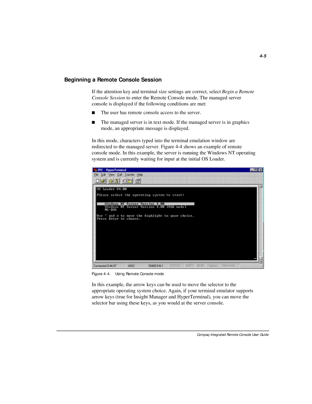 Compaq 281862-002 manual Beginning a Remote Console Session, Using Remote Console mode 