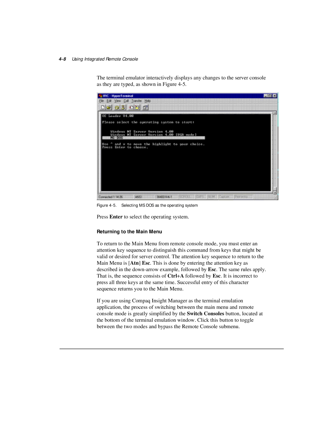 Compaq 281862-002 manual Returning to the Main Menu, 8Using Integrated Remote Console 