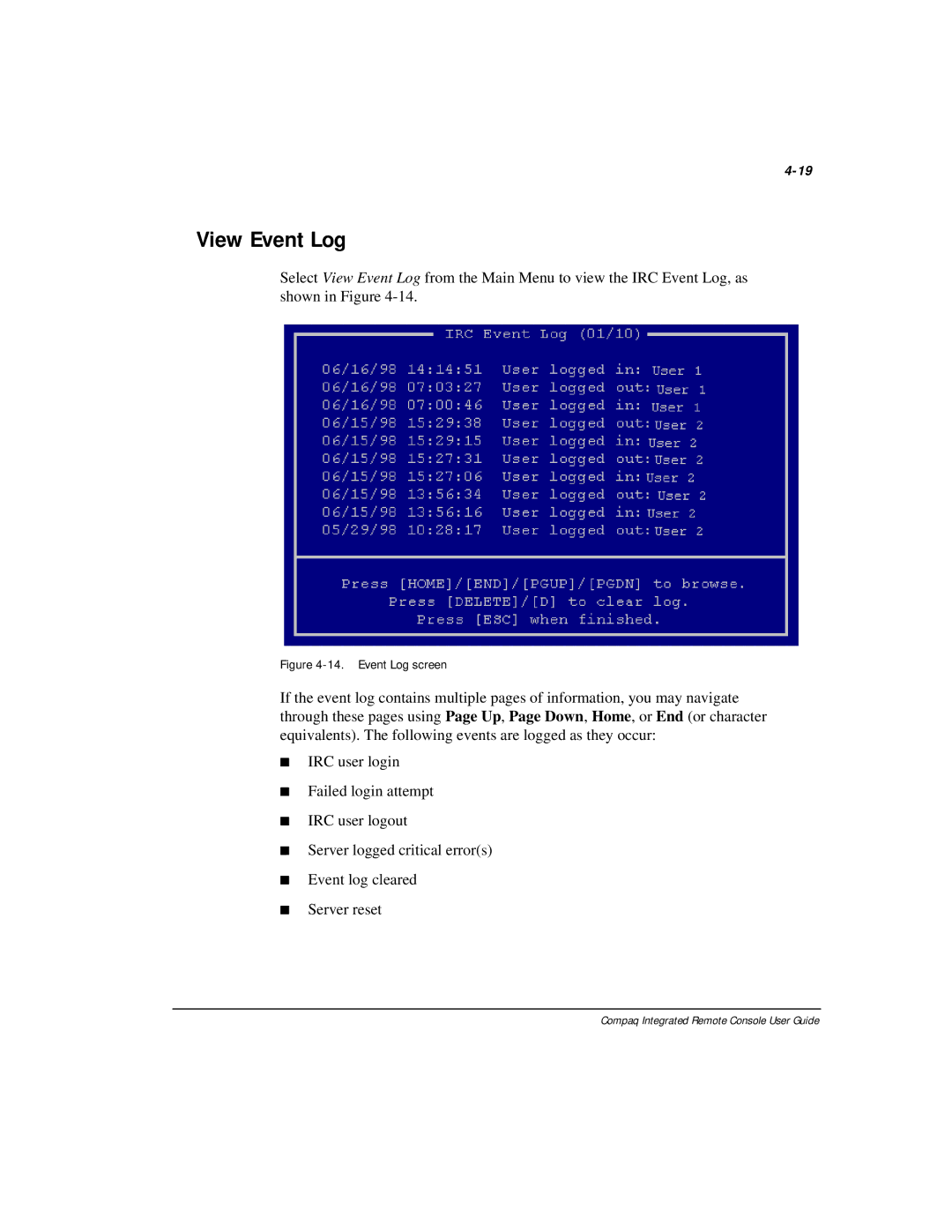 Compaq 281862-002 manual View Event Log, Event Log screen 