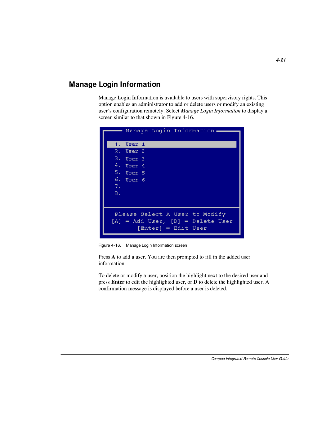 Compaq 281862-002 manual Manage Login Information screen 