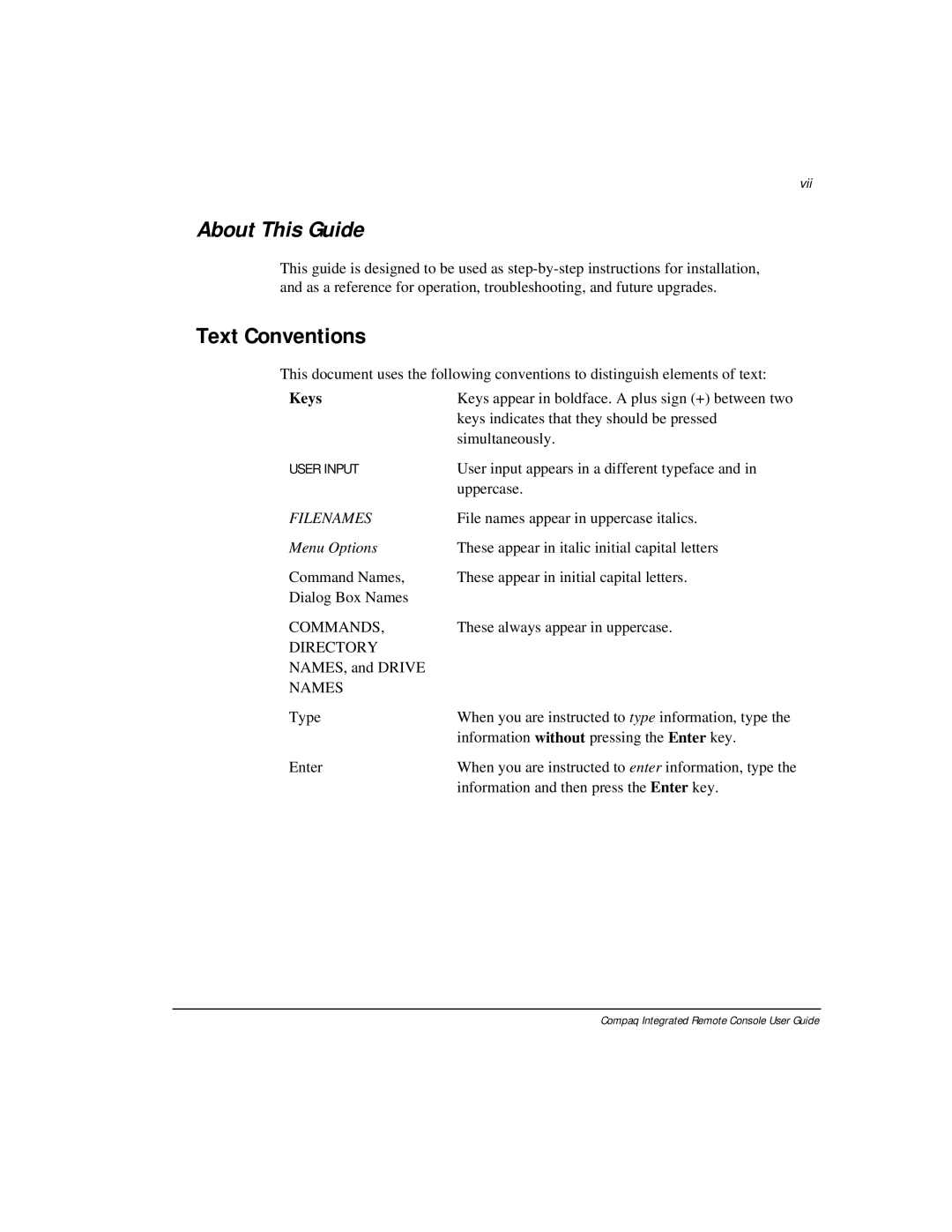 Compaq 281862-002 manual Text Conventions, Vii 