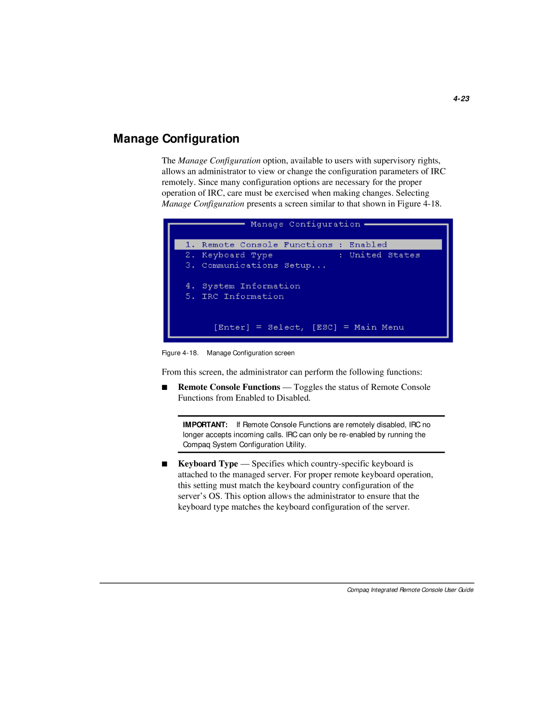 Compaq 281862-002 manual Manage Configuration screen 