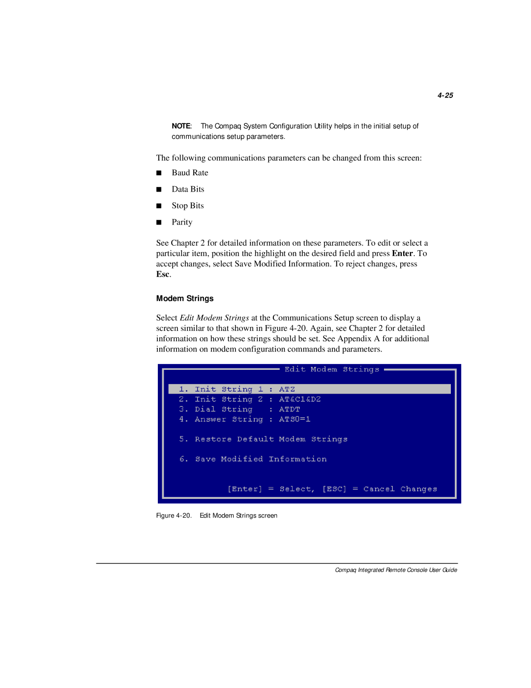 Compaq 281862-002 manual Edit Modem Strings screen 