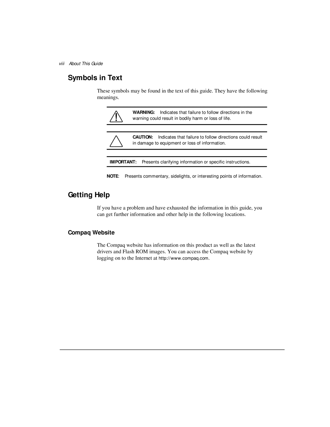 Compaq 281862-002 manual Symbols in Text, Getting Help, Compaq Website, Viii About This Guide 