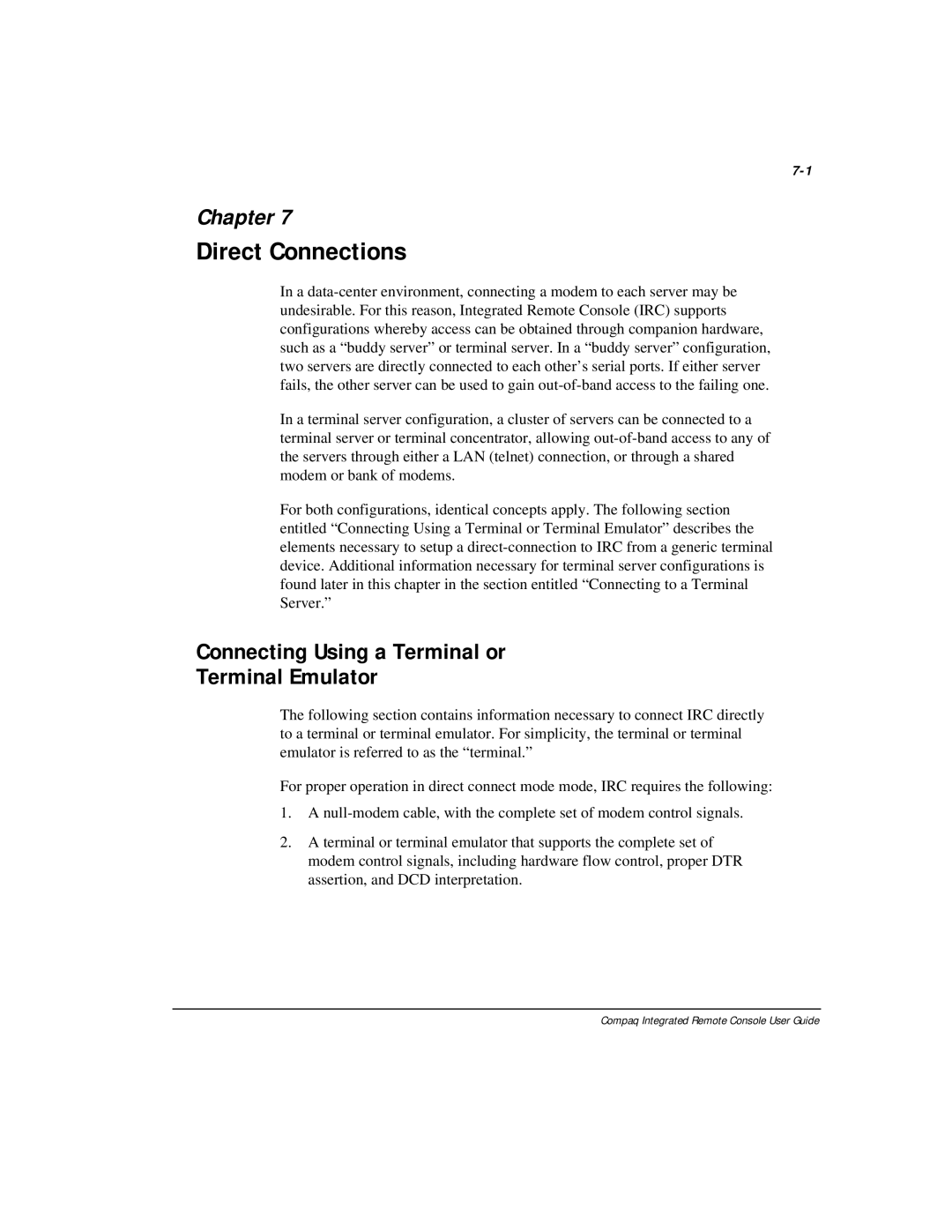 Compaq 281862-002 manual Direct Connections, Connecting Using a Terminal or Terminal Emulator 