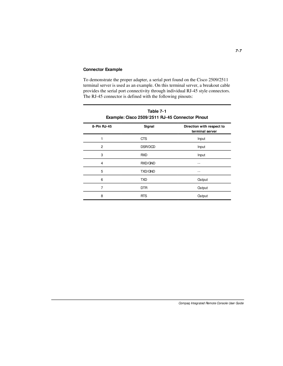 Compaq 281862-002 manual Connector Example, Example Cisco 2509/2511 RJ-45 Connector Pinout 