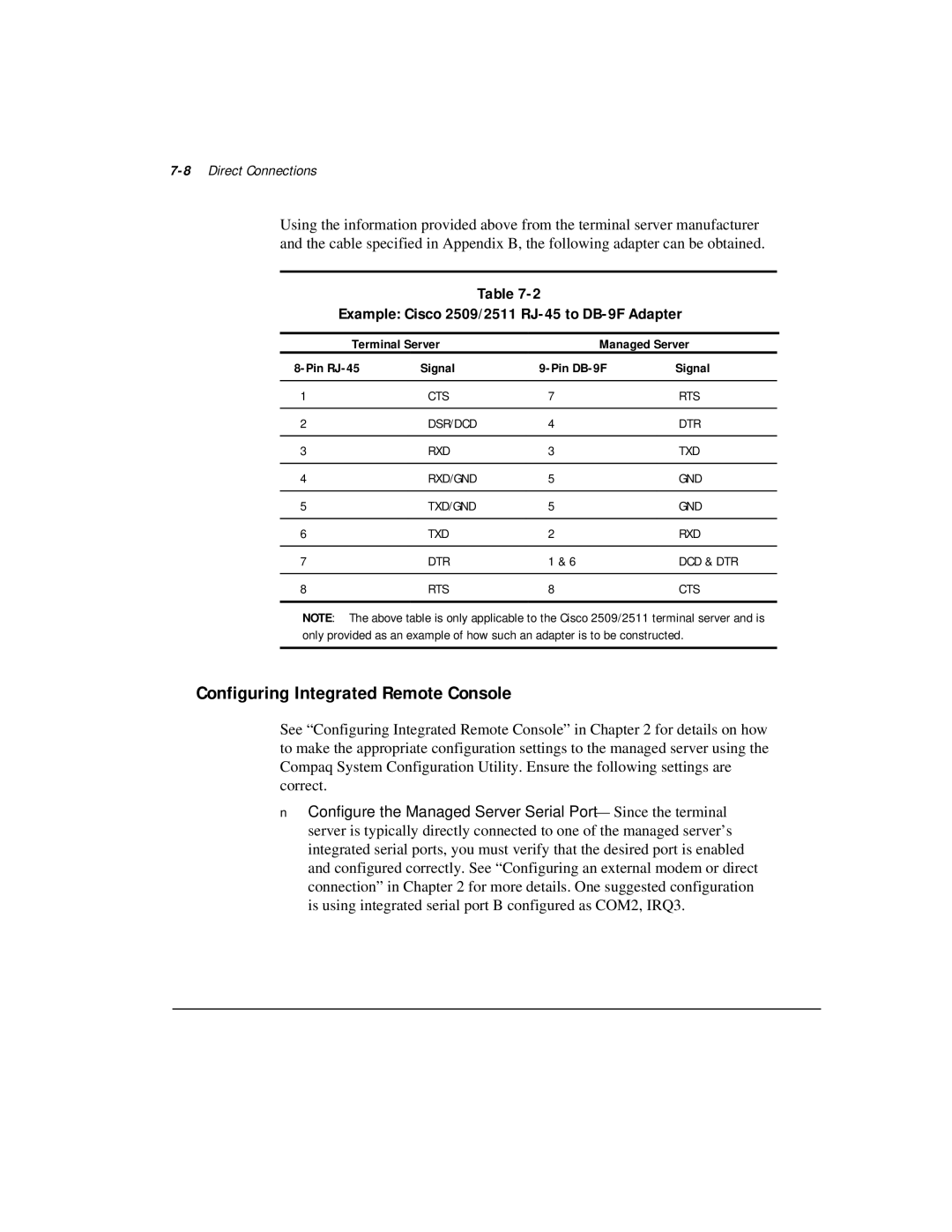 Compaq 281862-002 manual Configuring Integrated Remote Console, Example Cisco 2509/2511 RJ-45 to DB-9F Adapter 