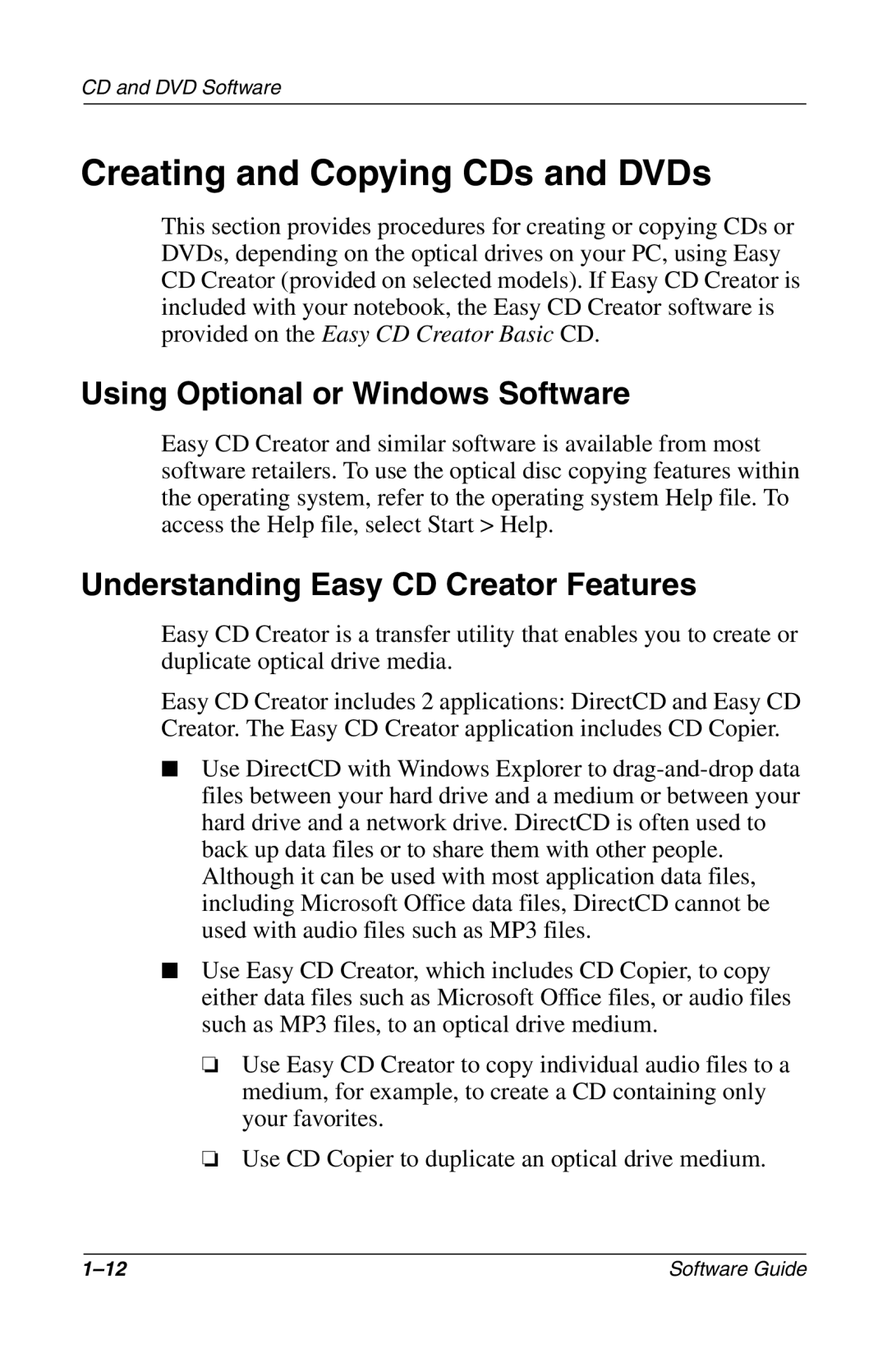 Compaq 285558-001 manual Creating and Copying CDs and DVDs, Using Optional or Windows Software 