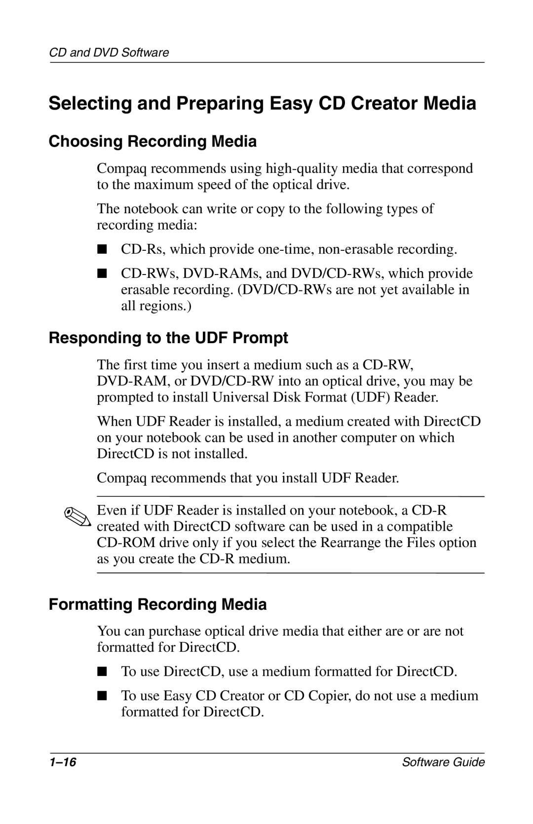 Compaq 285558-001 Selecting and Preparing Easy CD Creator Media, Choosing Recording Media, Responding to the UDF Prompt 