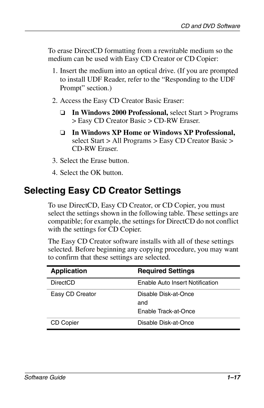 Compaq 285558-001 manual Selecting Easy CD Creator Settings, Application Required Settings 