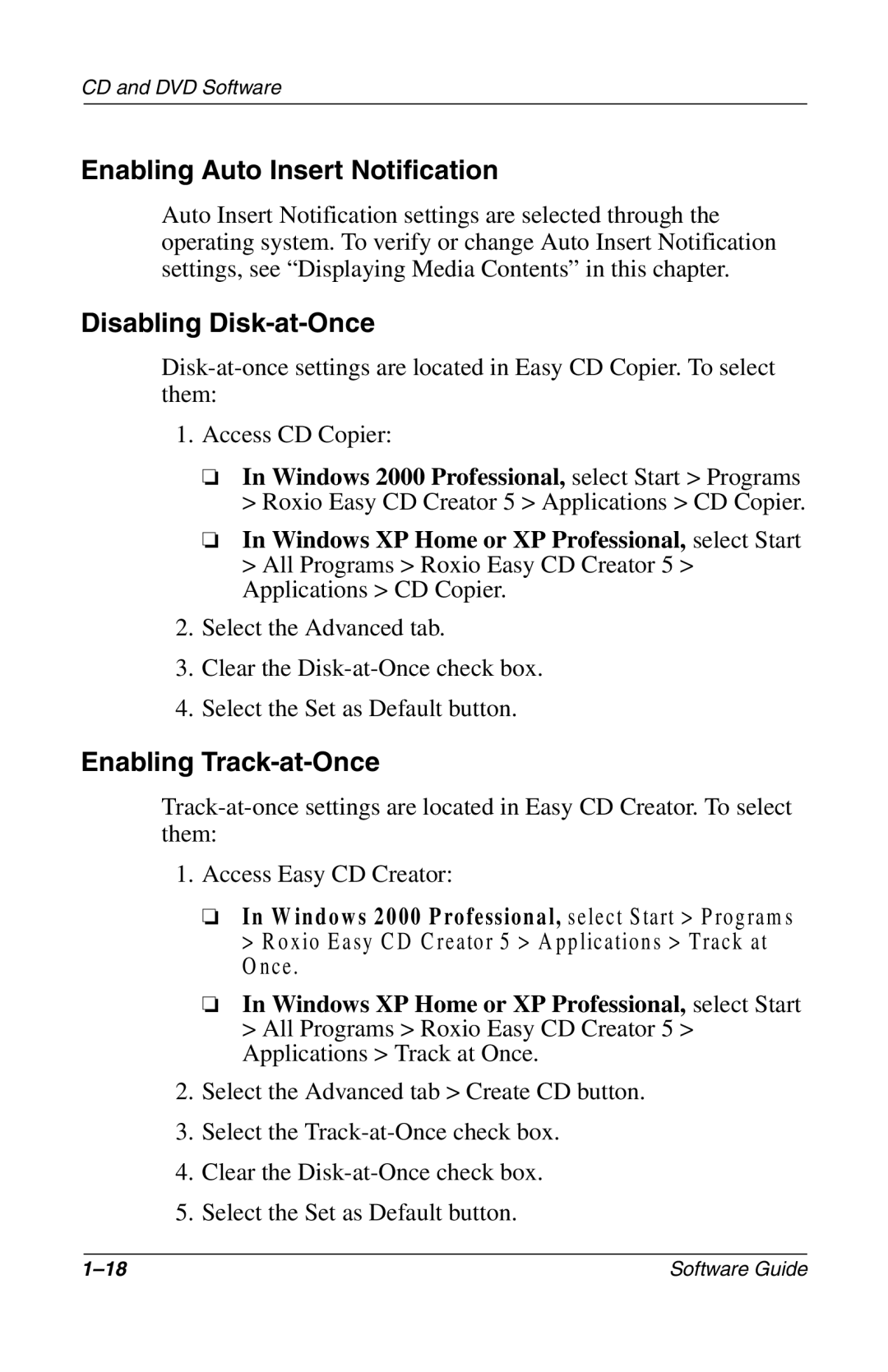 Compaq 285558-001 manual Enabling Auto Insert Notification, Disabling Disk-at-Once, Enabling Track-at-Once 