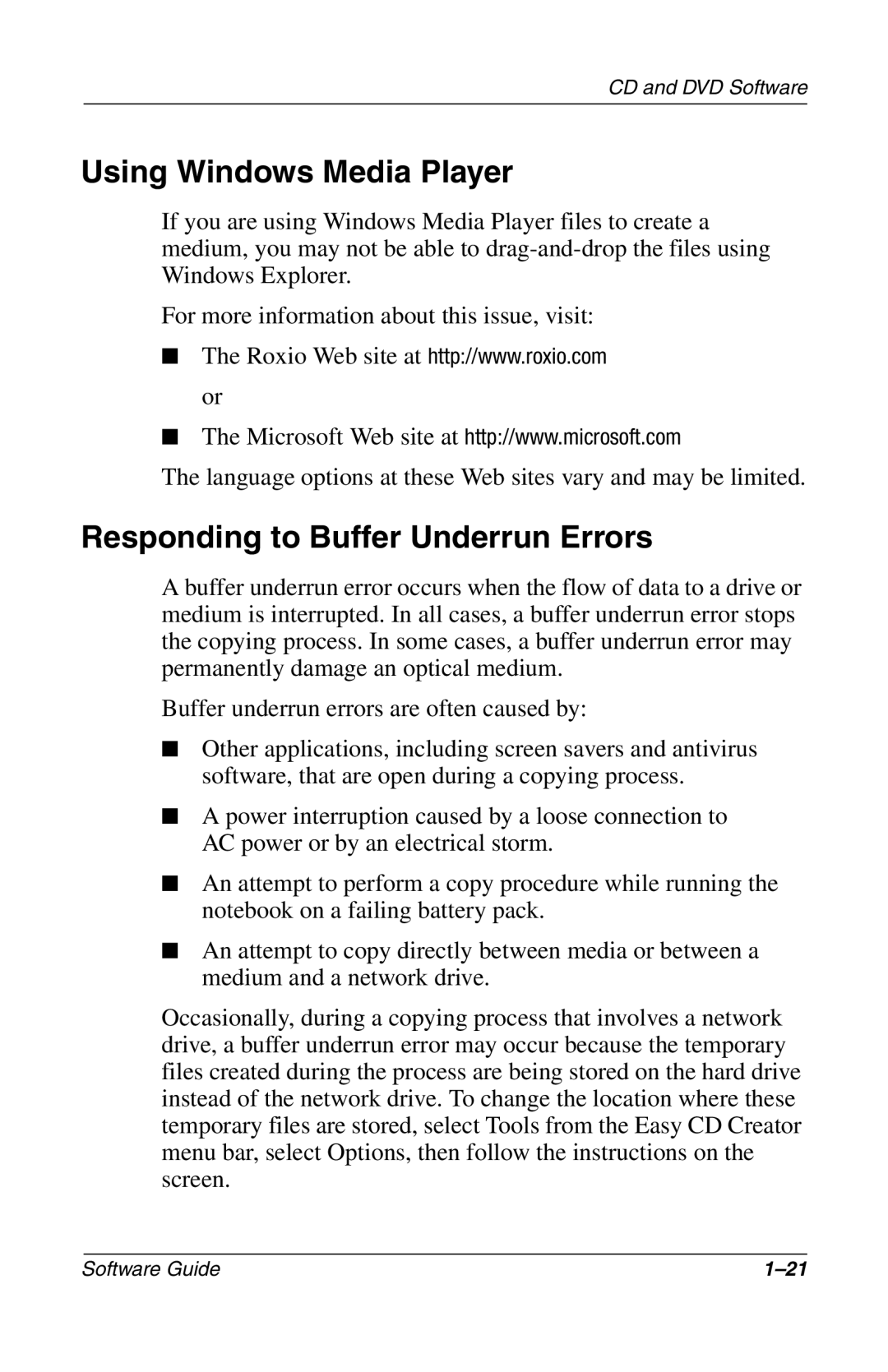 Compaq 285558-001 manual Using Windows Media Player, Responding to Buffer Underrun Errors 