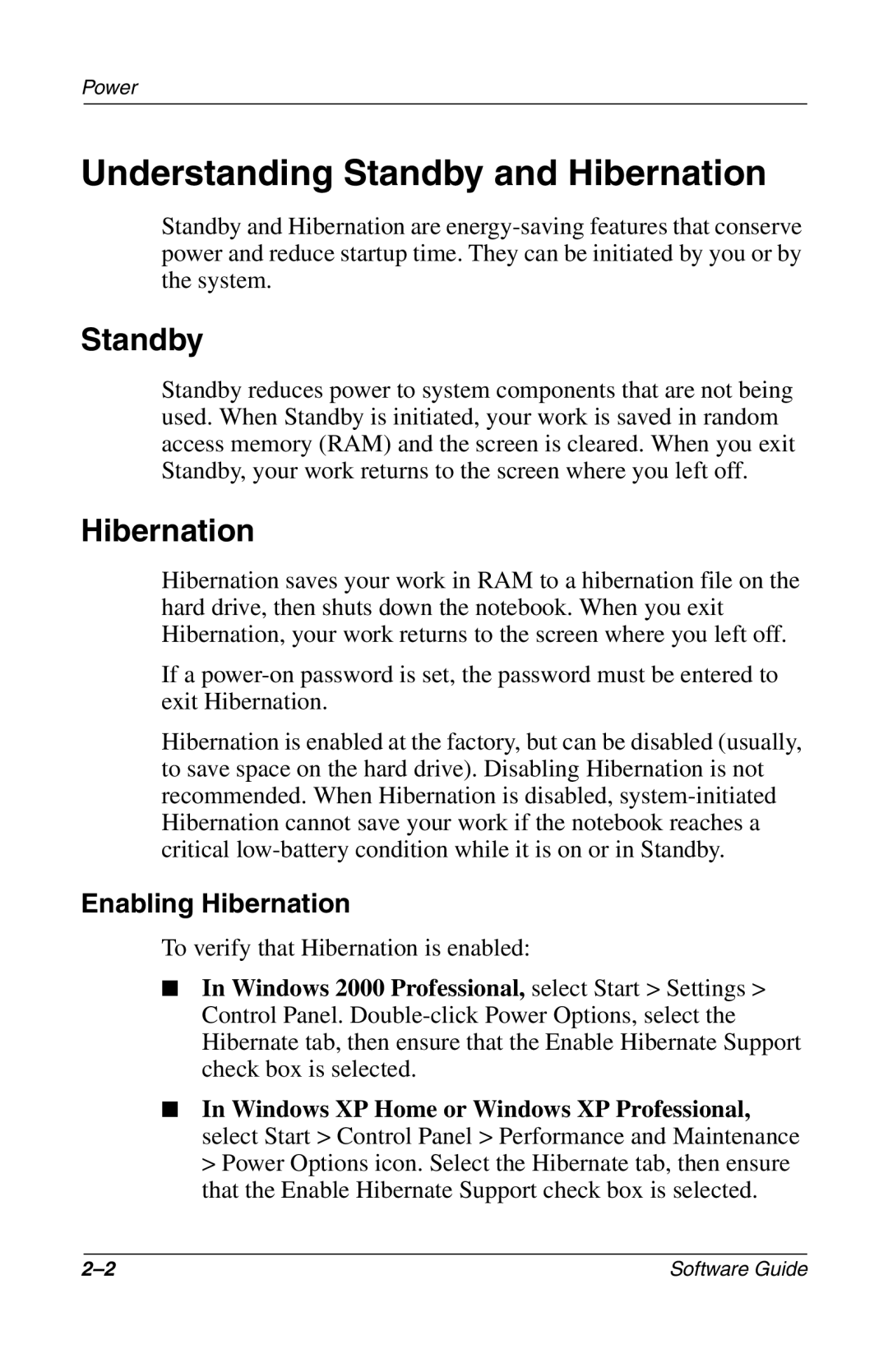 Compaq 285558-001 manual Understanding Standby and Hibernation, Enabling Hibernation 