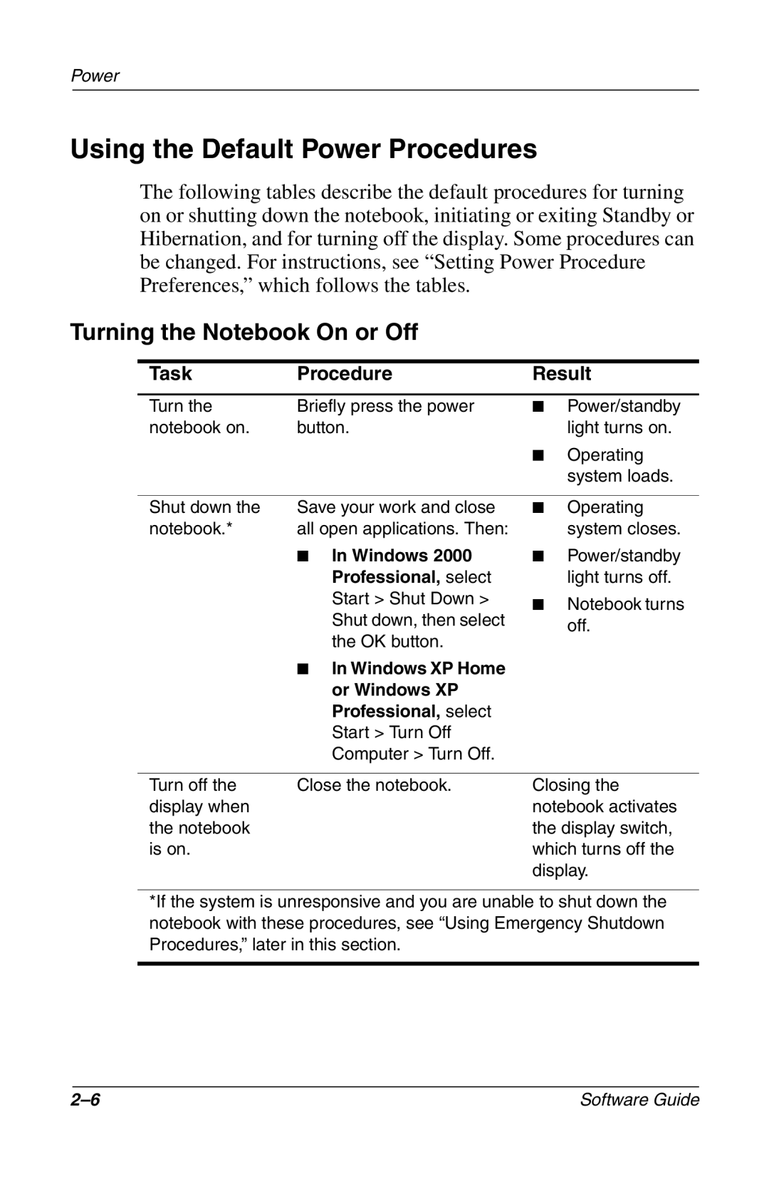 Compaq 285558-001 manual Using the Default Power Procedures, Turning the Notebook On or Off 