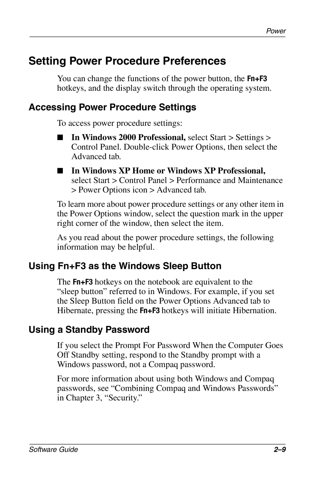 Compaq 285558-001 manual Setting Power Procedure Preferences, Accessing Power Procedure Settings, Using a Standby Password 