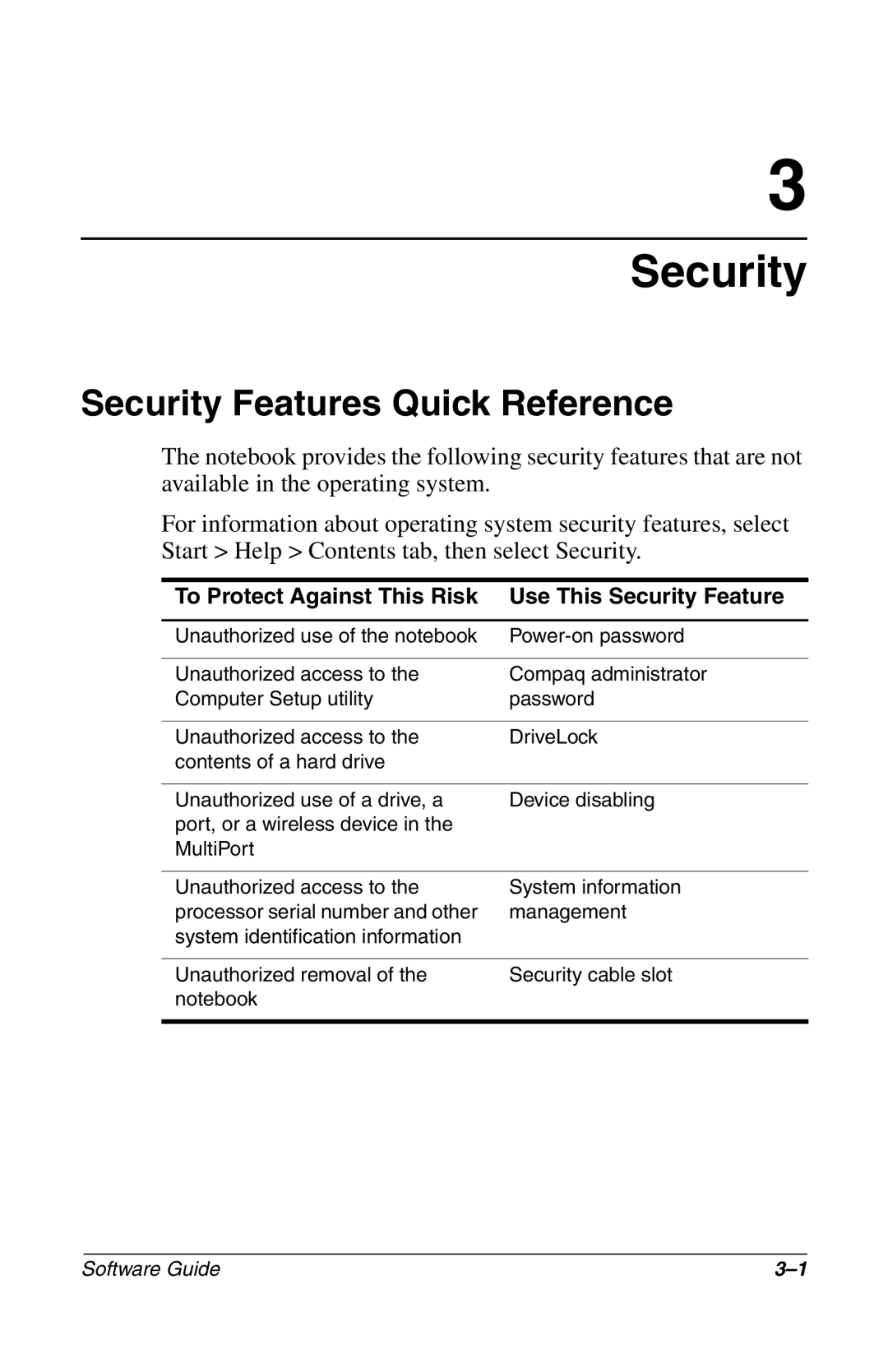 Compaq 285558-001 manual Security Features Quick Reference 