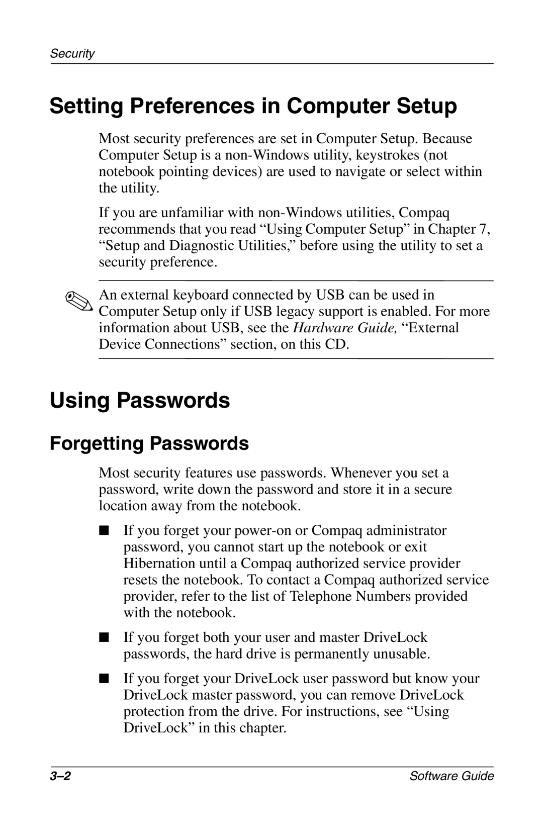 Compaq 285558-001 manual Setting Preferences in Computer Setup, Using Passwords, Forgetting Passwords 