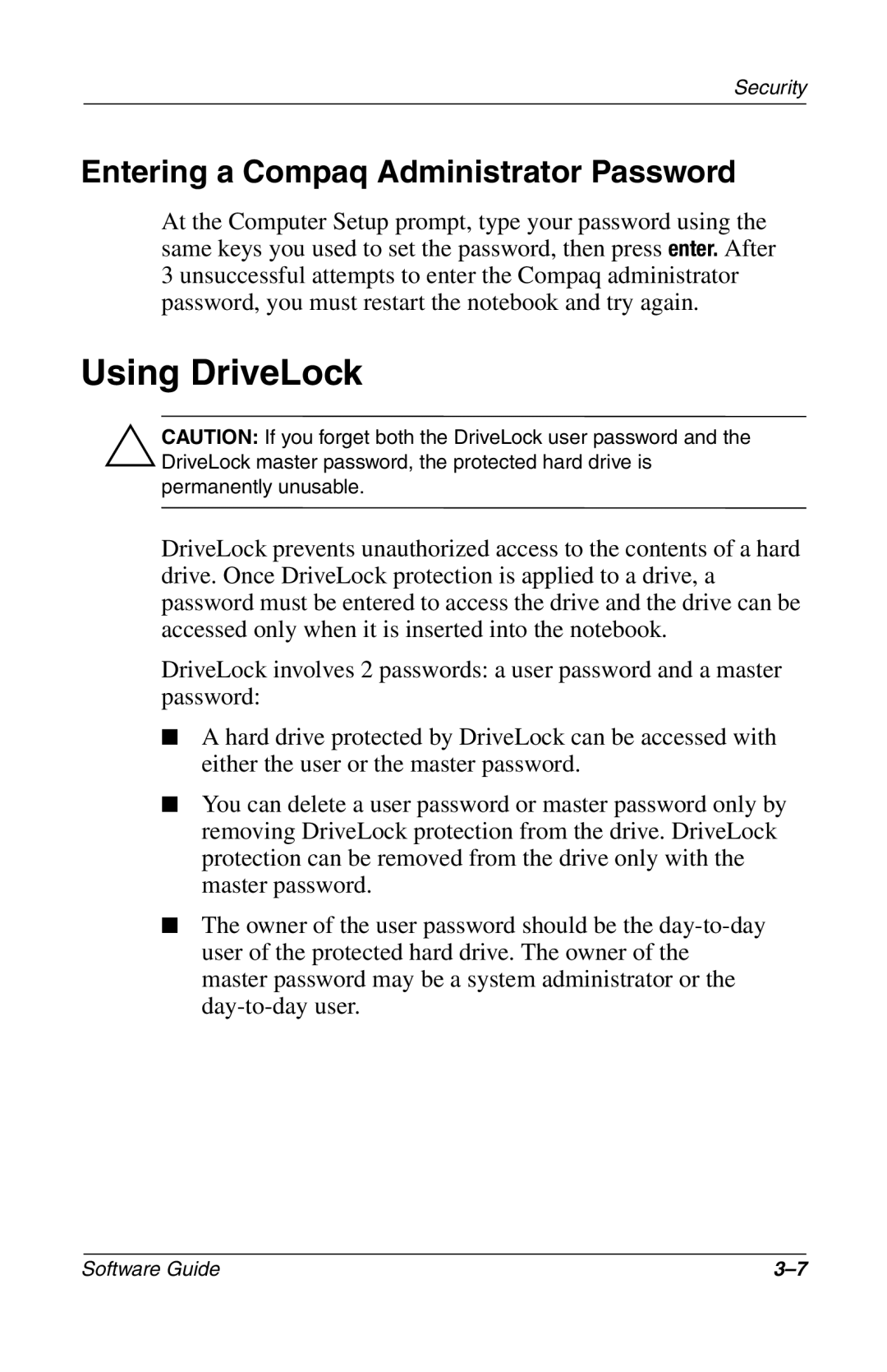 Compaq 285558-001 manual Using DriveLock, Entering a Compaq Administrator Password 