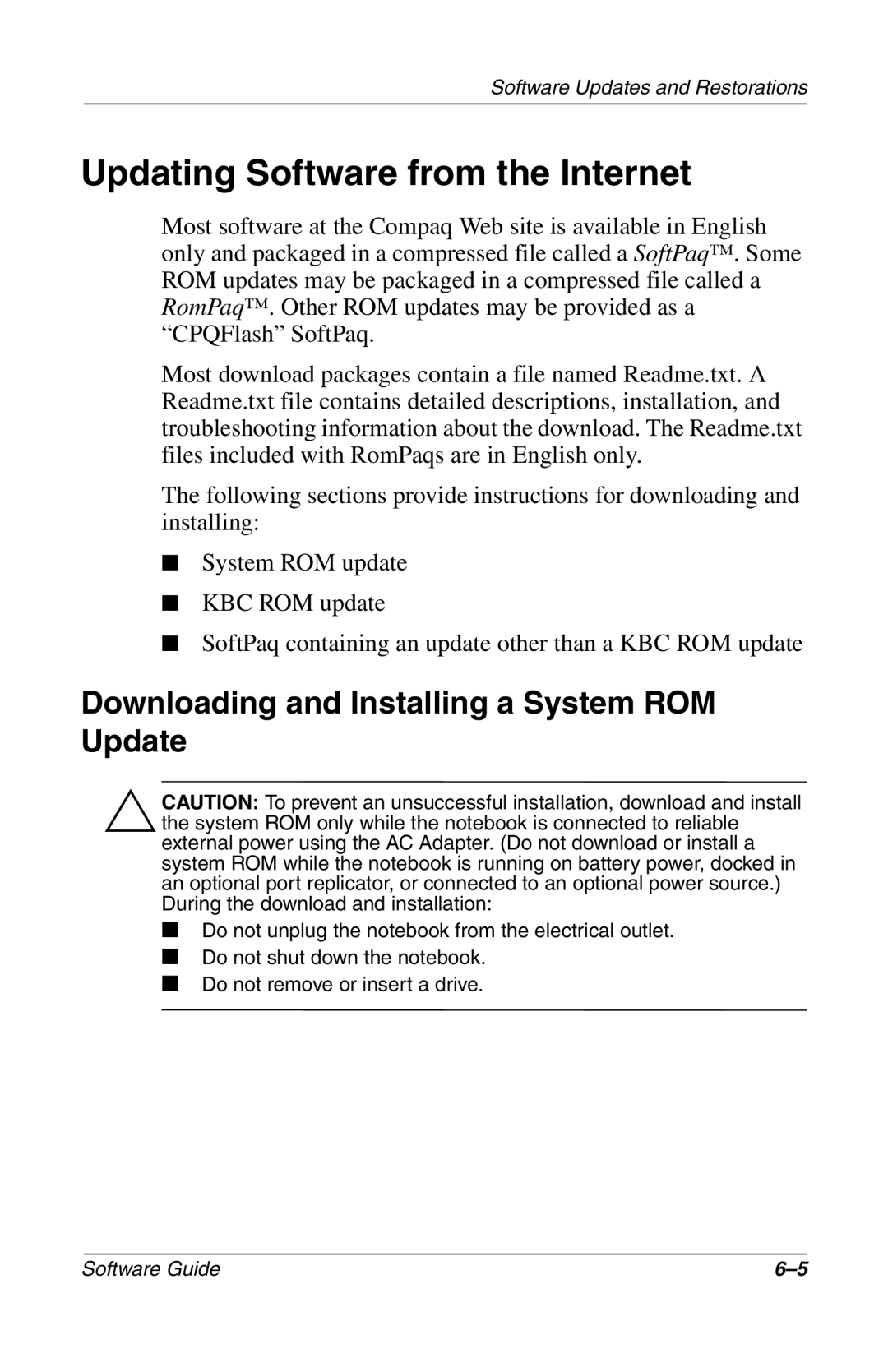 Compaq 285558-001 manual Updating Software from the Internet, Downloading and Installing a System ROM Update 